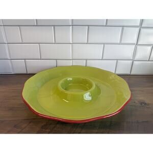 Tastefully Simple 14” Salsa Chip Dip Bowl Green W/Red Trim Never Used